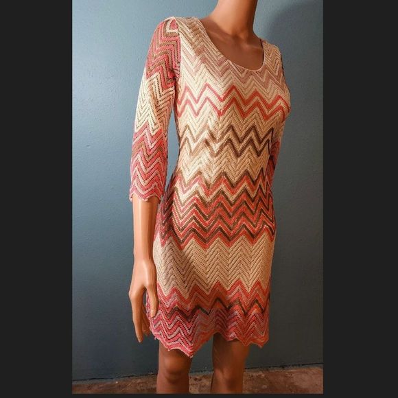 FRESH of L.A. Pink/Cream/Tan Chevron Striped Lace Crochet Dress, EUC - Picture 1 of 4